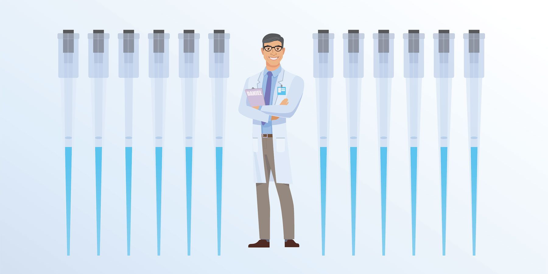 Daniel the Clinical Lab Guy stands smiling among a row of pipettes
