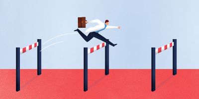 A cartoon man in a lab coat with a briefcase jumps over a hurdle