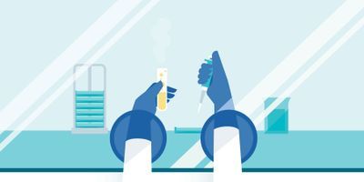 Illustration of hands in a glove box, handling a pipette and test tube