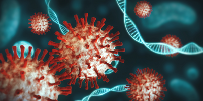 Illustration of COVID-19 virus particle with DNA molecules