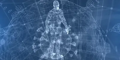 Coronavirus round particle imposed on an illustration of the human body