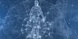 Coronavirus round particle imposed on an illustration of the human body