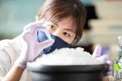 Shio Kobayashi, PhD, a research specialist in the Kuhns Lab, leaning over a bucket of ice holding a small tube