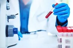 Lab personnel with gloves holding a test tube full of blood