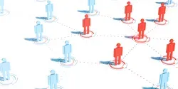 An illustration of people standing six feet apart with lines draw between those infected with COVID-19