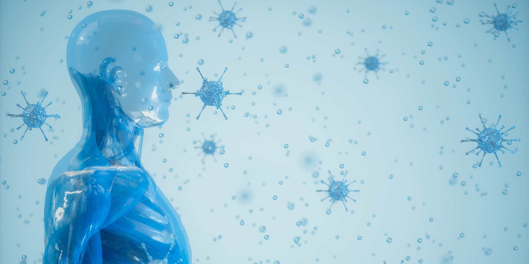 Illustration of a human surrounded by coronavirus particles Illustration of a human surrounded by coronavirus particles