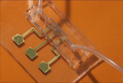 An image of the COVID-19 test chip made by aerosol jet nanoparticle 3D printing