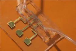 An image of the COVID-19 test chip made by aerosol jet nanoparticle 3D printing