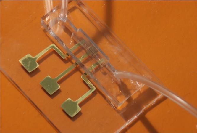 An image of the COVID-19 test chip made by aerosol jet nanoparticle 3D printing