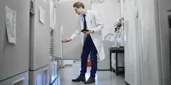 clinical laboratory technician inspecting ultralow temperature freezer