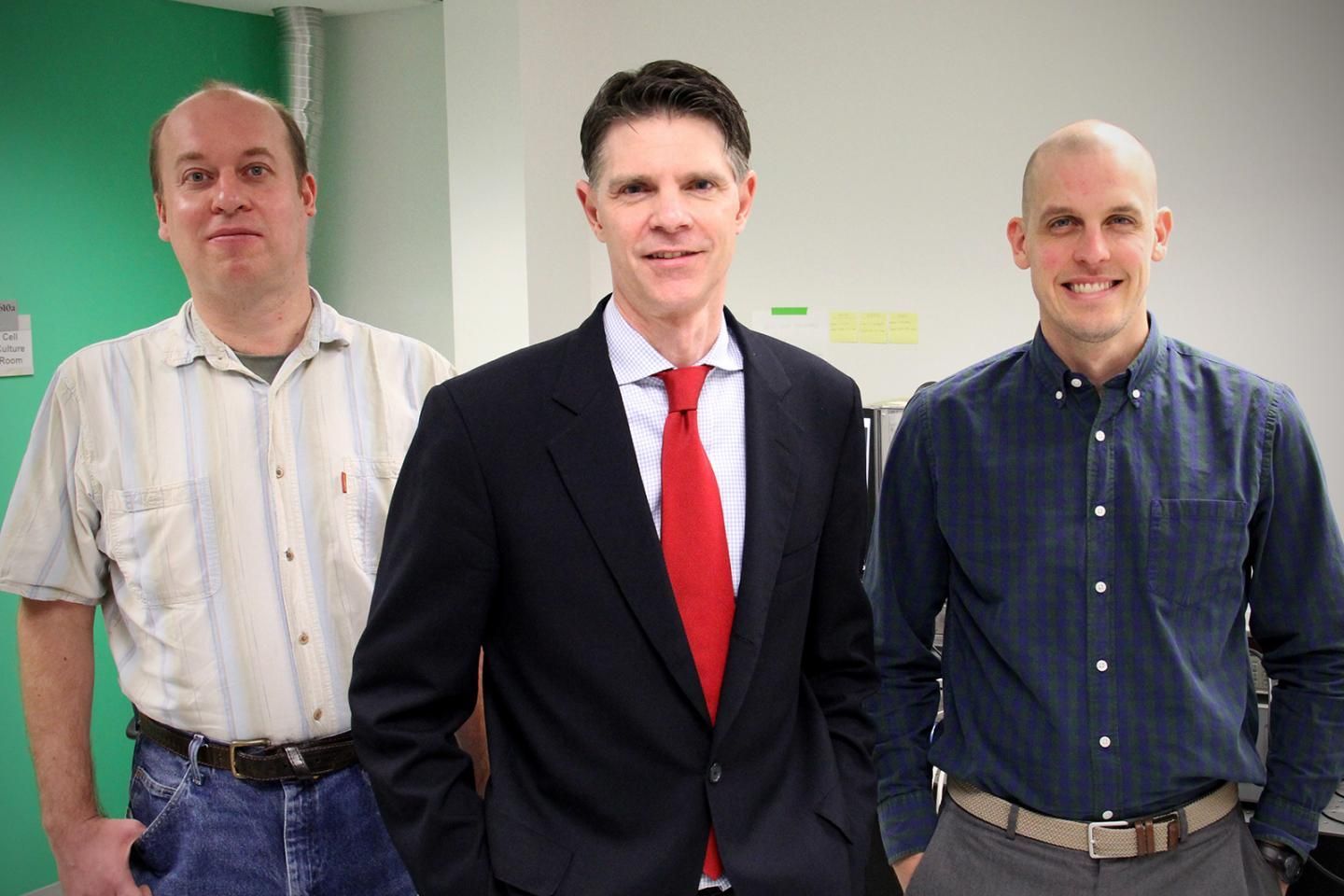 From left, postdoctoral scholar Andrey Mikheykin, Ph.D., Jason Reed, Ph.D., and postdoctoral fellow Sean Koebley, Ph.D., worked together on the study.