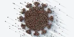 An aerial shot of people standing together to form the outline of the novel coronavirus 