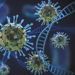 illustration of sars-cov-2 virus and double stranded DNA molecules