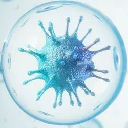 Illustration of a sars-cov-2 covid-19 virus particle in an aerosol droplet