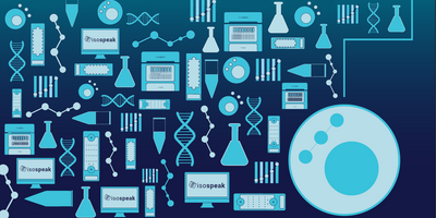 Illustration of different lab items like flask, dna double helix, test tube