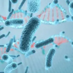 Illustration of a pathogen and DNA double helix cells with immune antibodies