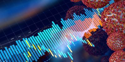 Illustration of coronavirus particles and a bar graph chart representing data from single-cell proteomics