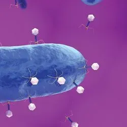 Photo a long oval bacteria with small bacteriophages on its surface