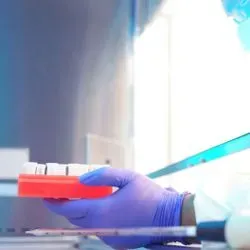 Photo of a lab professional wearing PPE and working with cancer ctDNA in a biological safety cabinet