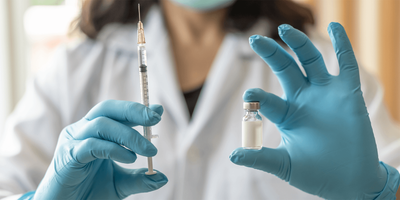 Photo of a clinical lab professional wearing PPE blue gloves holding up a vial of insulin and a syringe