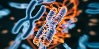 Illustration of a DNA chromosome being wrapped with orange glowing streams of light