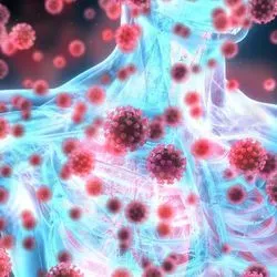 Illustration of a human figure being covered in coronavirus particles
