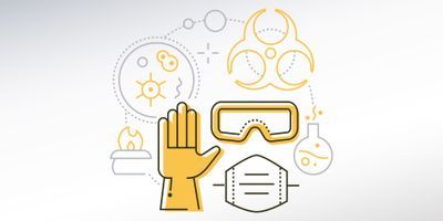 Illustration of various PPE used in a clinical lab, including gloves, goggles, and mask