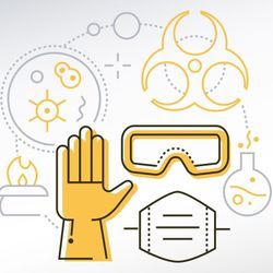 Illustration of various PPE used in a clinical lab, including gloves, goggles, and mask