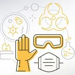 Illustration of various PPE used in a clinical lab, including gloves, goggles, and mask