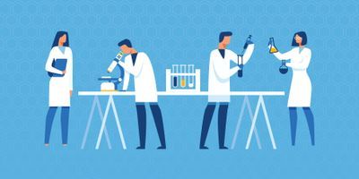 Illustration of clinical lab professionals wearing PPE in the clinical lab working on some new lab-developed tests