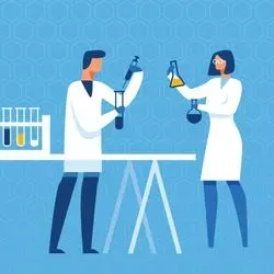 Illustration of clinical lab professionals wearing PPE in the clinical lab working on some new lab-developed tests