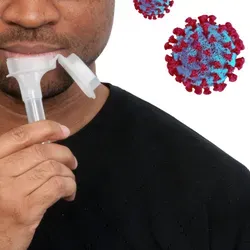 Photo of a Black man giving a COVID-19 saliva sample 