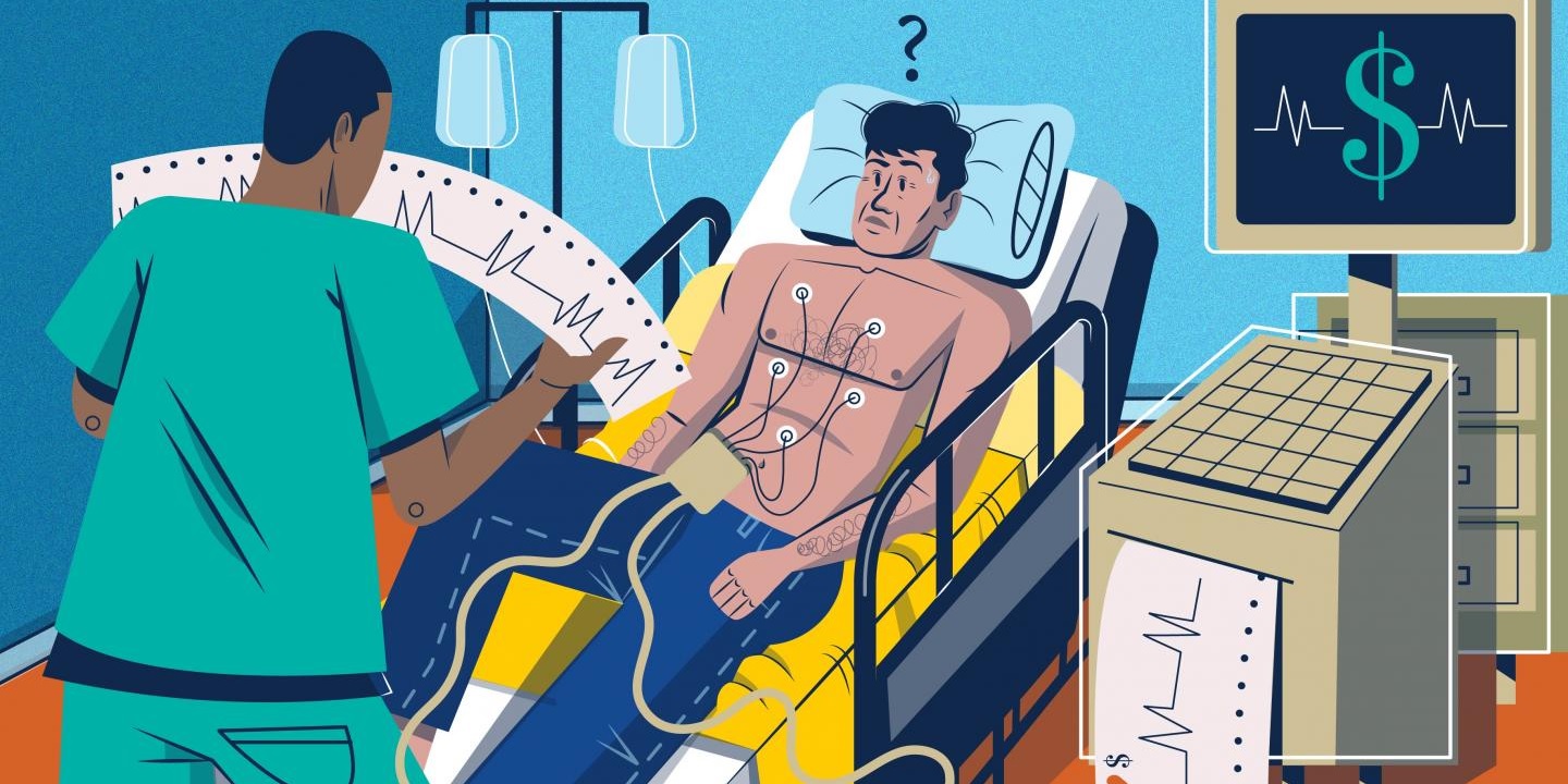Routine testing before surgery remains common despite low value Illustration of a clinical professional standing in front of a patient in a hospital bed holding a long paper with ECG results