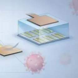 Illustration showing coronavirus particle in the background and a square box representing the new testing platform