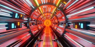 Illustration of a stream of glowing lights focused into the center of the image