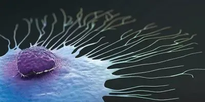 Illustration of a cancer cell with tentacle-like protrusions spreading out from its center