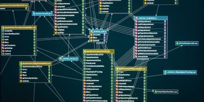 Illustration of an informatics network with boxes of data on a computer screen connected by lines