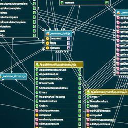 Illustration of an informatics network with boxes of data on a computer screen connected by lines