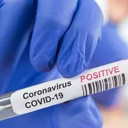 Photo of a coronavirus nasal swab being held in a hand wearing PPE