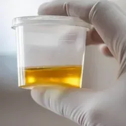 Researcher holding a container of urine for testing