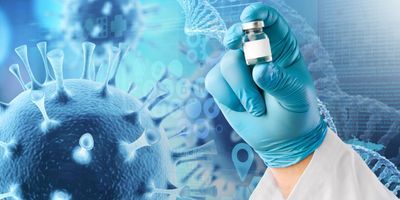 A clinical laboratory professional holds up a vial biotherapeutic for infectious diseases