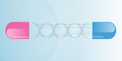 Illustration of a pill with a DNA double helix inside representing precision medicine for opioid prescribing