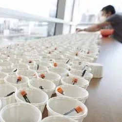Stored in orange-capped vials for mass distribution, the DRUL buffer is part of an inexpensive saliva-based COVID test developed at Rockefeller.