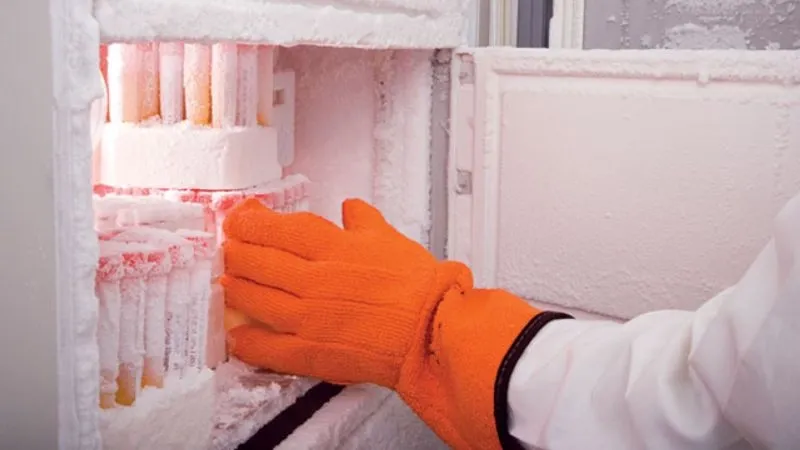 Photo of a clinical lab personnel opening an ultra-low temperature freezer
