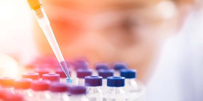 Researcher pipetting blue liquid into a container