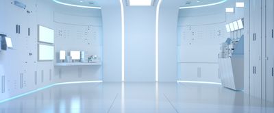 White futuristic laboratory with large monitors