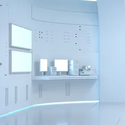White futuristic laboratory with large monitors
