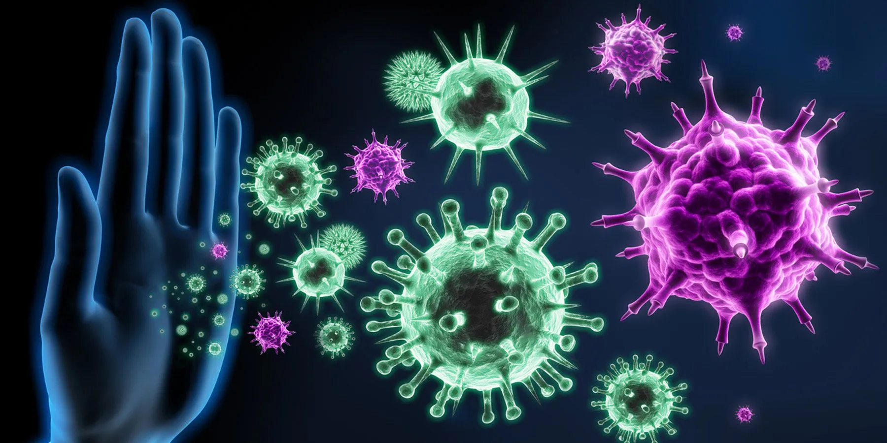 Image of a hand stoping different viral strains