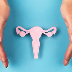 Woman's hands cupped around a paper cut out of a uterus