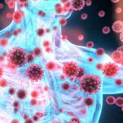 Illustration of a human body X-ray with coronavirus infecting it